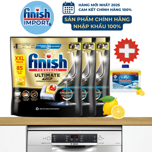 Combo 3 túi 85 viên Finish Ultimate Plus 2025 hương chanh, chuẩn châu Âu, siêu cao cấp, 16 tính năng/viên, dùng cho máy rửa chén 13-15 bộ